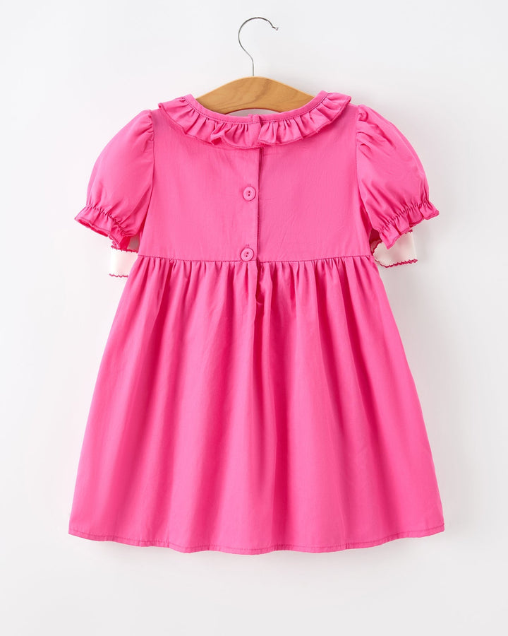 Girls hot pink short-sleeve dress with ruffled collar and button front