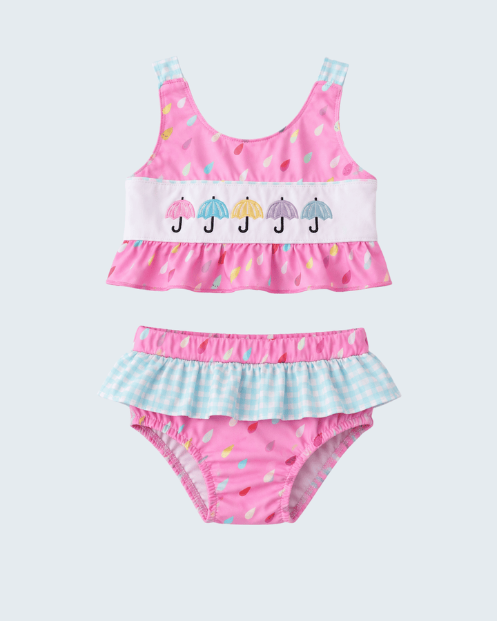 Hot Pink Umbrella Embroidered UPF Swim Set on light grey background