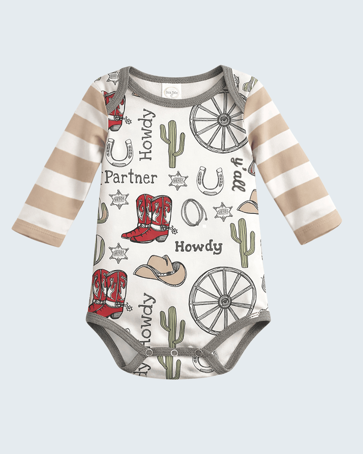 Baby onesie with cowboy-themed design on a light blue background