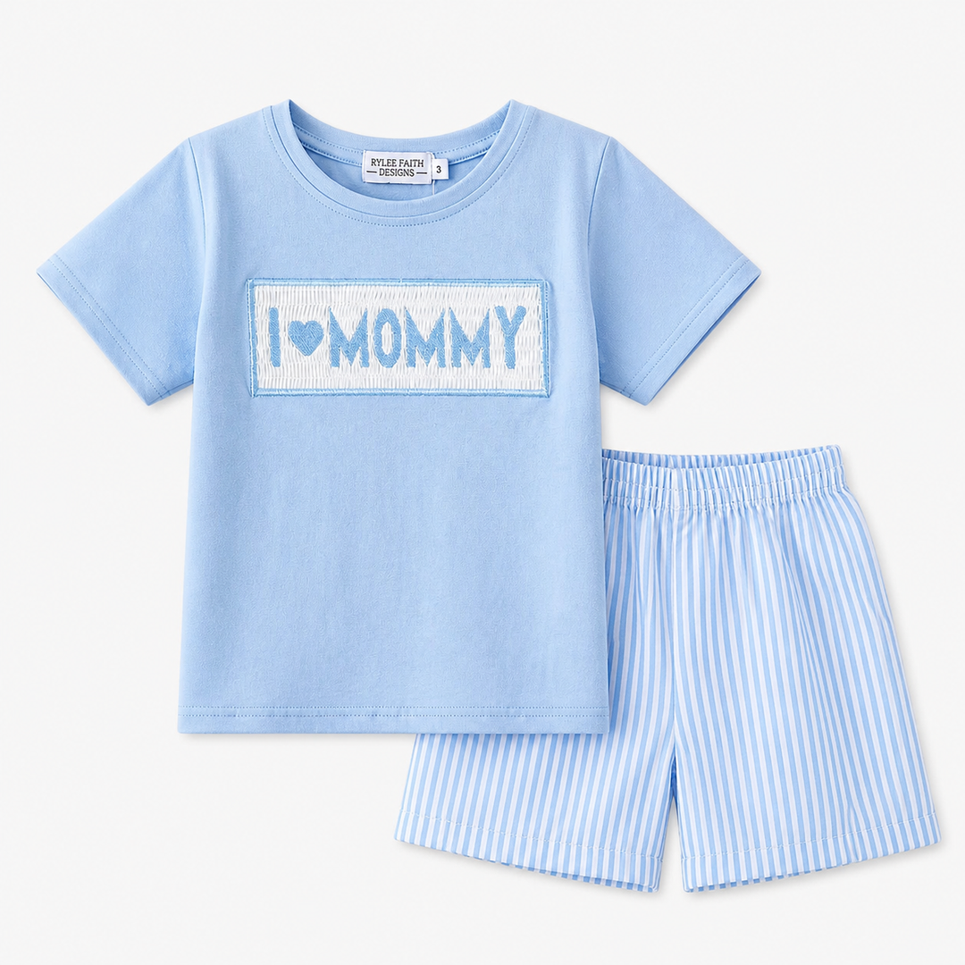 I love mommy embroidered boys shorts set