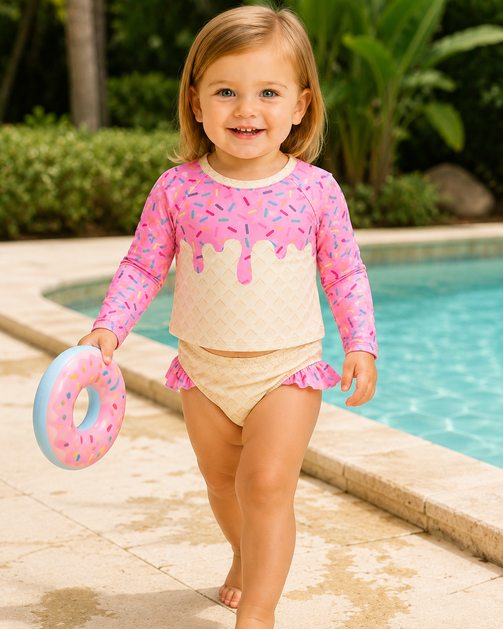 Child in a pink and white swimsuit holding a donut float by a pool