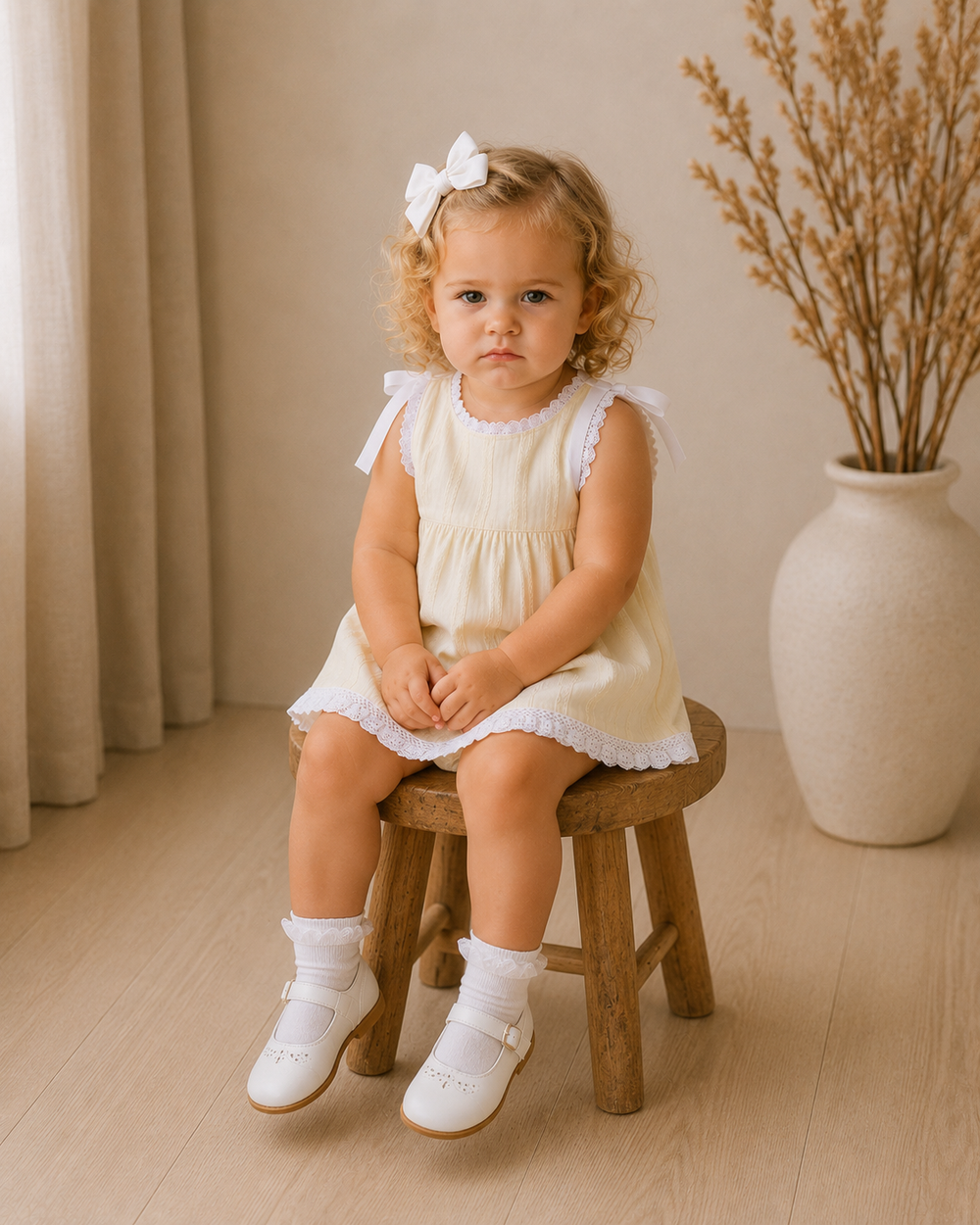 A toddler girl with curly blonde hair sits on a small wooden stool in a warm, neutral room. She is wearing a cream-colored sleeveless dress with white lace trim, white socks, and white Mary Jane shoes, and has a white bow in her hair.