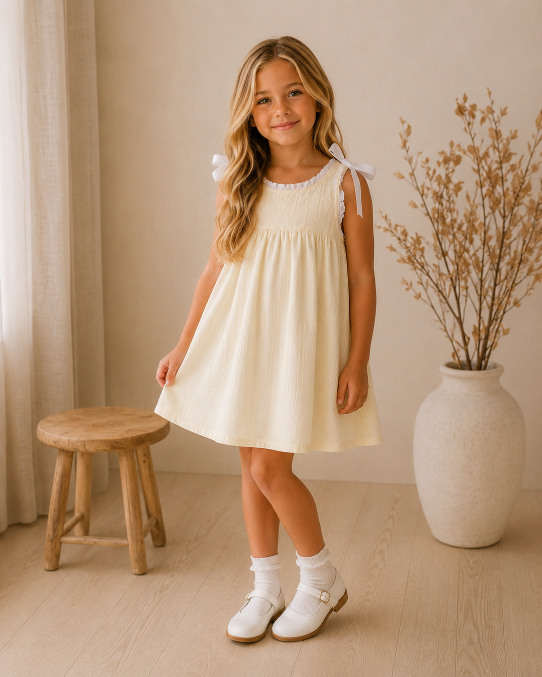 A young girl with long blonde hair stands in a neutral-toned room wearing a cream-colored sleeveless smocked dress with white bow details on the shoulders, white socks, and white shoes. A small wooden stool is on the left, and a large white vase with dried branches is on the right.