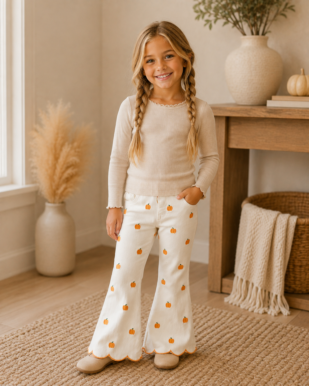 A young girl with long blonde braids stands in a warm, neutral-toned room wearing a cream knit sweater and matching cream flared pants decorated with small orange pumpkin motifs. She is standing on a woven rug in front of a wooden console table with decorative vases and a basket.