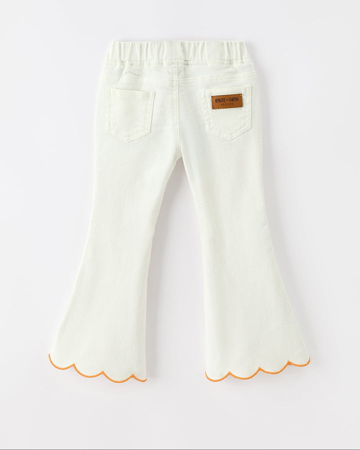 White pants with orange trim on a white background