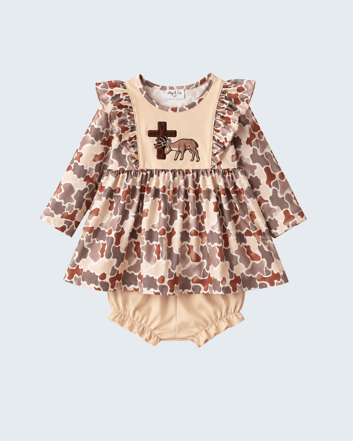 Khaki Camouflage Cross Deer Embroidered Bloomer Set