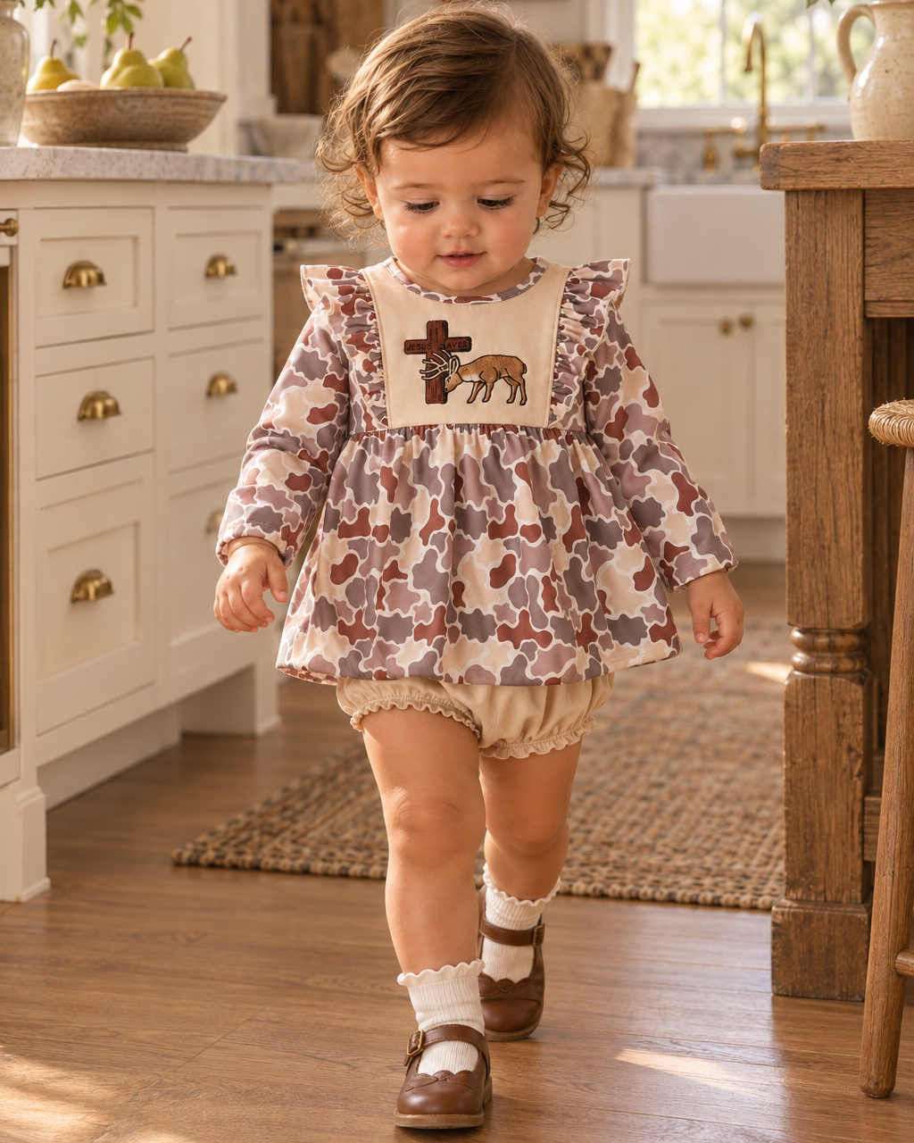 Toddler girl is walking in a country style kitchen.