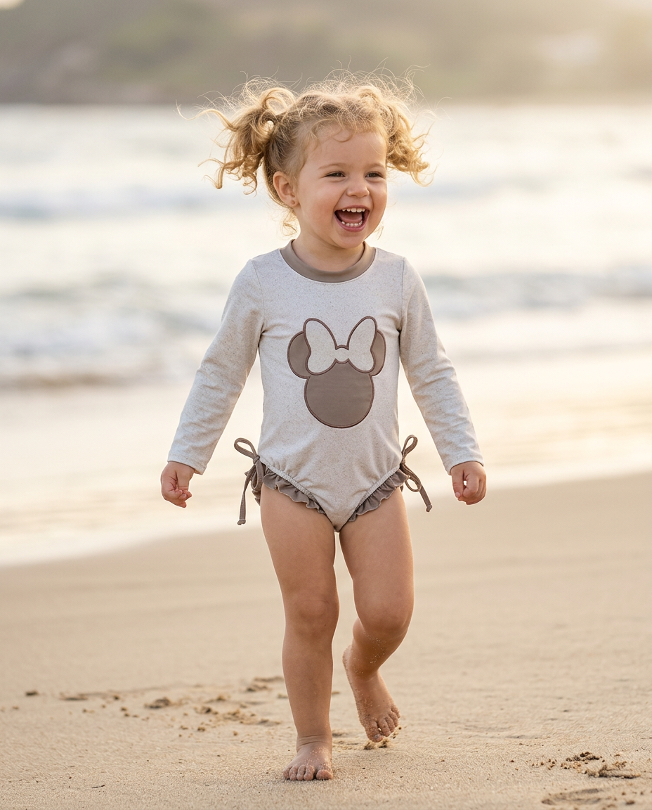 Child walking on a beach wearing a shirt with a cartoon character design.