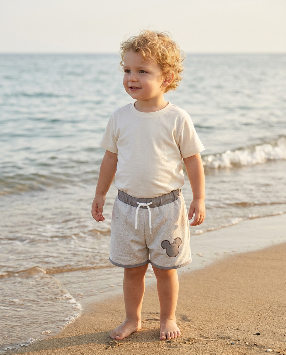 Child standing on a beach wearing a plain t-shirt and shorts with a mouse design.