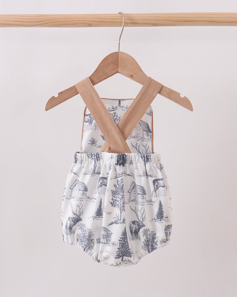 Deer forest bubble romper with tan straps and blue gathered waist shorts