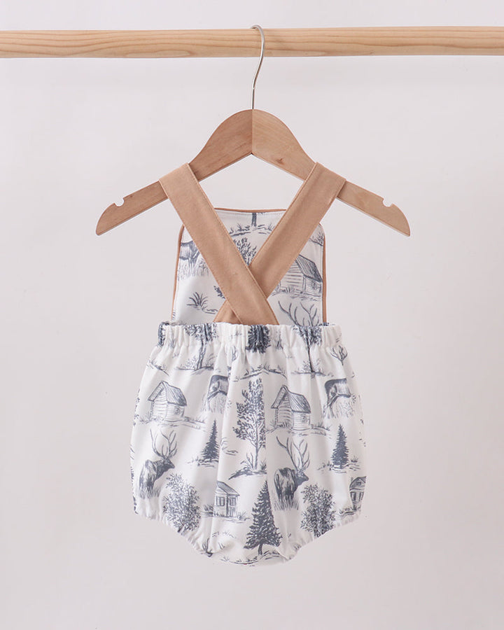 Deer forest bubble romper with tan straps and blue gathered waist shorts