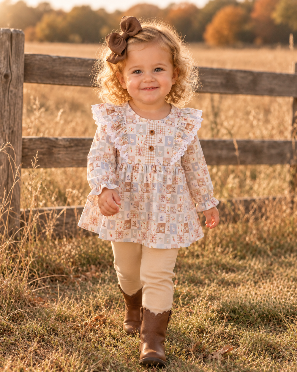 A young toddler girl walking outdoors in a grassy field in front of a rustic wooden fence. She is wearing a long-sleeve patchwork print dress with ruffles, beige leggings, and brown boots, and has a brown bow in her hair.