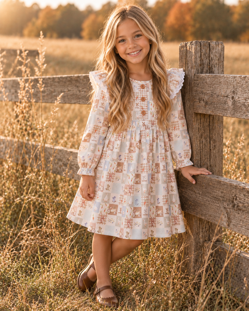 A young girl with long blonde hair stands outdoors in a sunlit field beside a rustic wooden fence, wearing a long-sleeve white dress with a warm-toned patchwork print and ruffled shoulders.