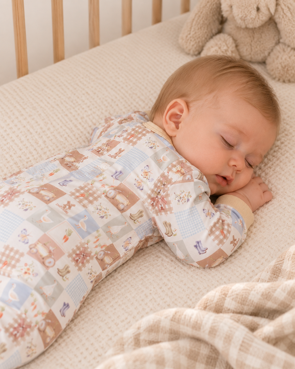 A sleeping baby lying on their side in a crib, wearing a long-sleeve patchwork-patterned sleeper in soft beige, brown, and light blue tones. A beige stuffed bunny and a beige plaid blanket are visible in the scene.