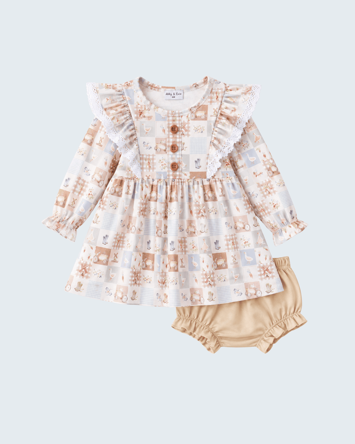 Khaki Farmhouse Patchwork Ruffle Bloomer Set