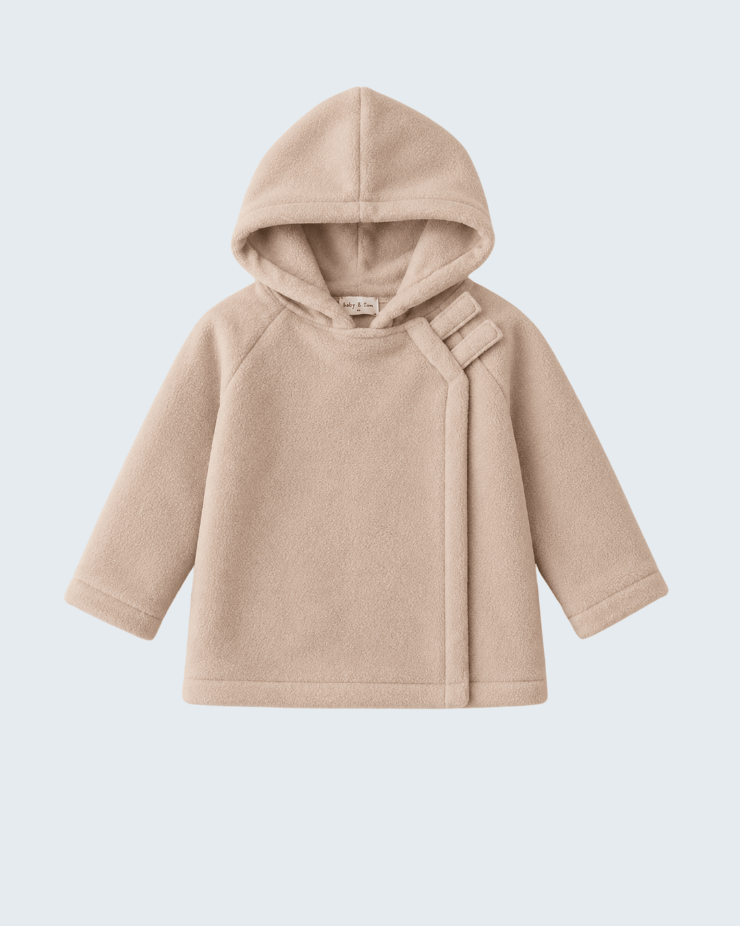 Beige fleece hooded coat with hood, center front seam, and side pockets