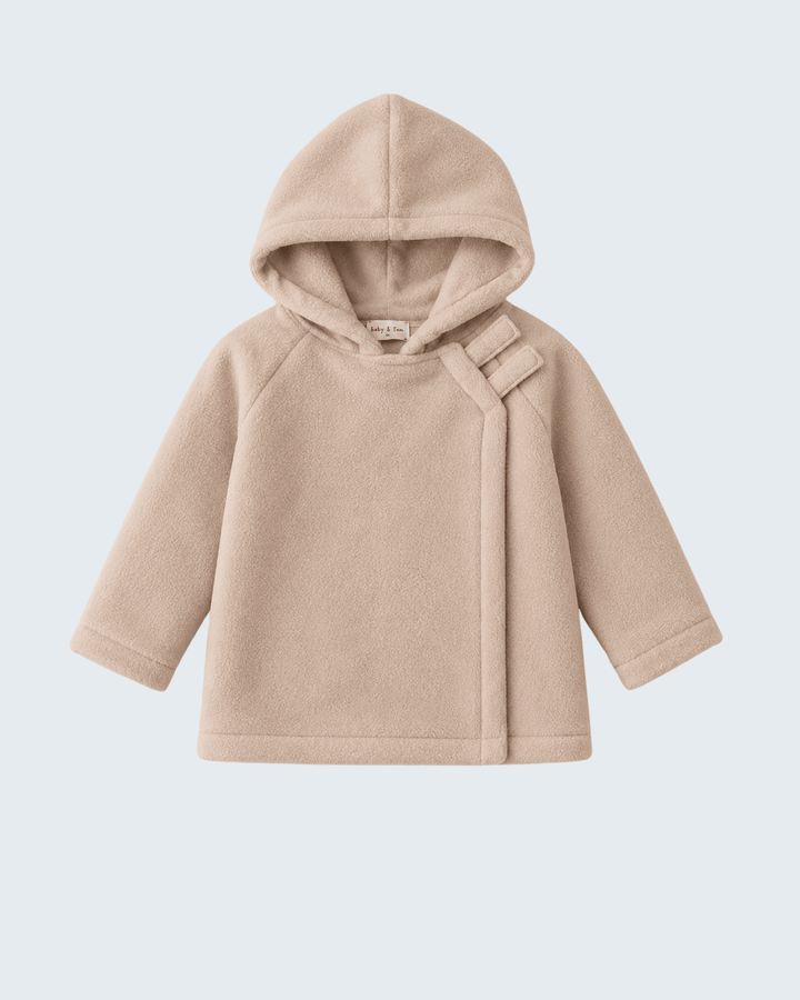 Beige fleece hooded coat with hood, center front seam, and side pockets