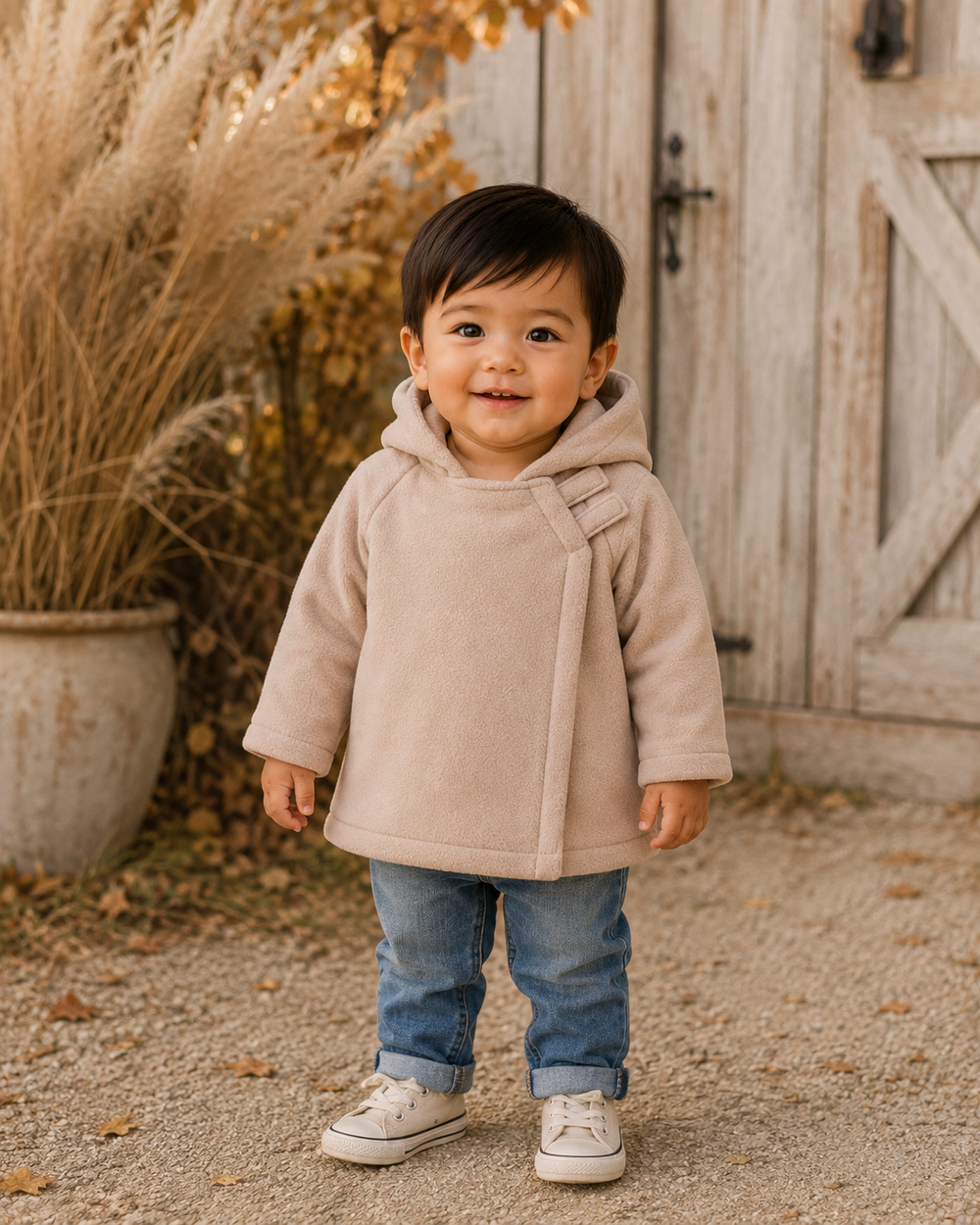 Beige fleece hooded coat on child with hood and two front pockets
