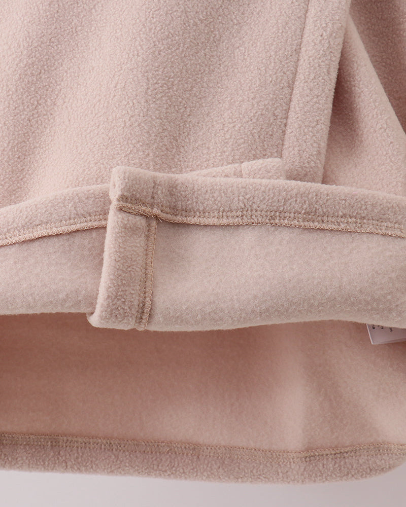 Beige fleece hooded coat front hem with pocket seam and cuff