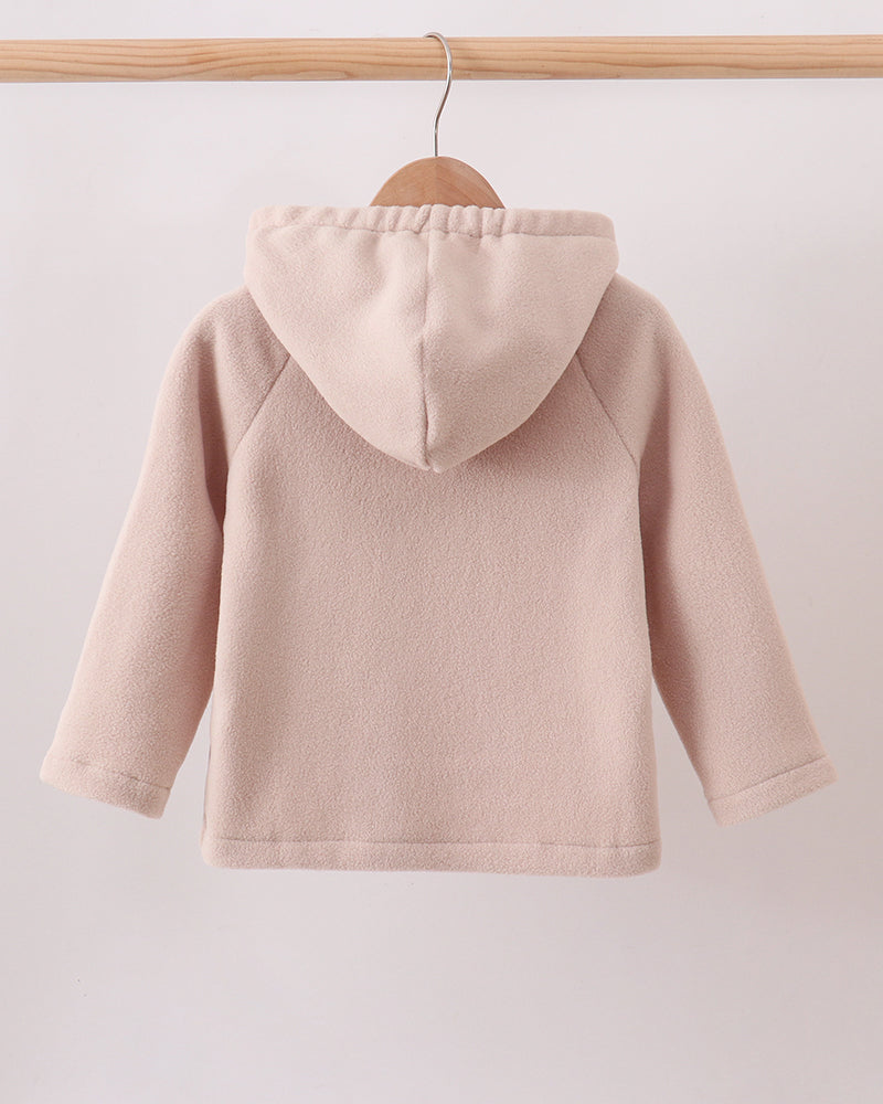 Beige fleece hooded coat back view with hood and shoulder yoke
