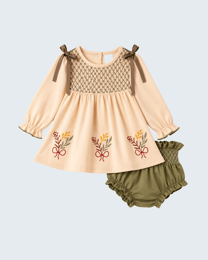 Khaki long-sleeve smocked dress with floral embroidery and olive bow-tie bloomers