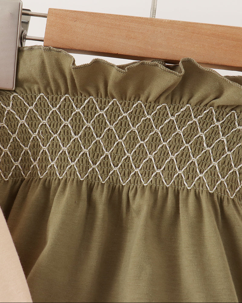 Olive bloomers with smocked waist and white scalloped lace trim