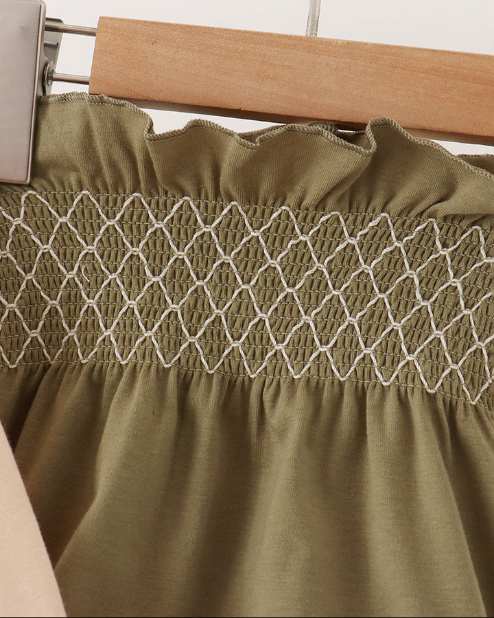 Olive bloomers with smocked waist and white scalloped lace trim