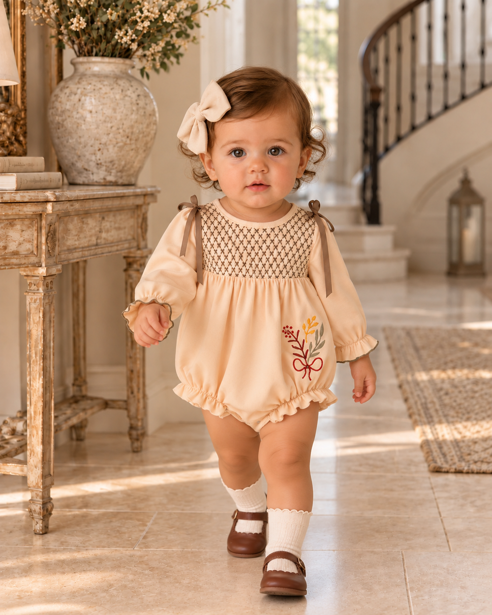 Beige smocked bubble romper with puff sleeves, bow ties, and tree floral front