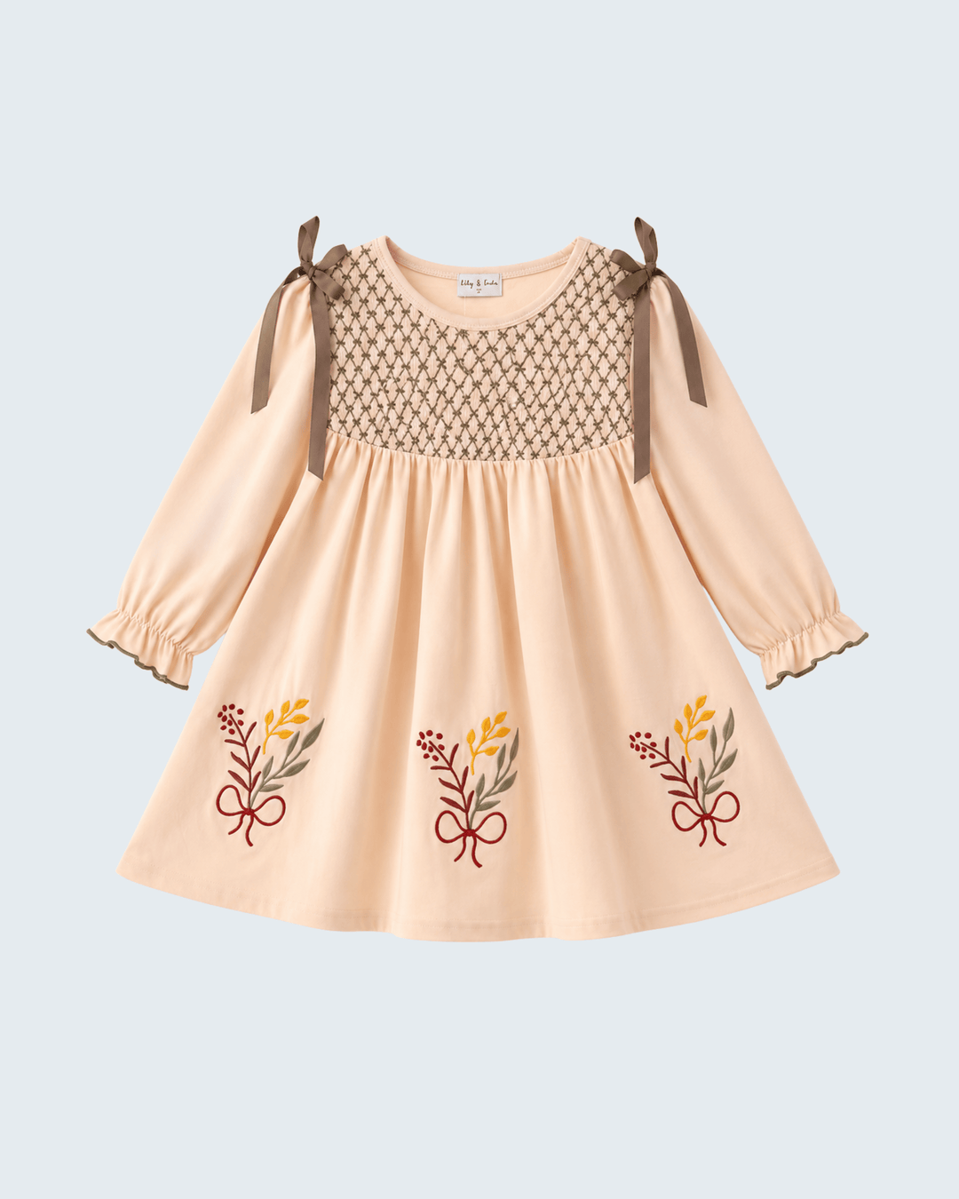 Smocked floral embroidered dress, puff sleeves, ribbon ties, beige with colorful hem flowers
