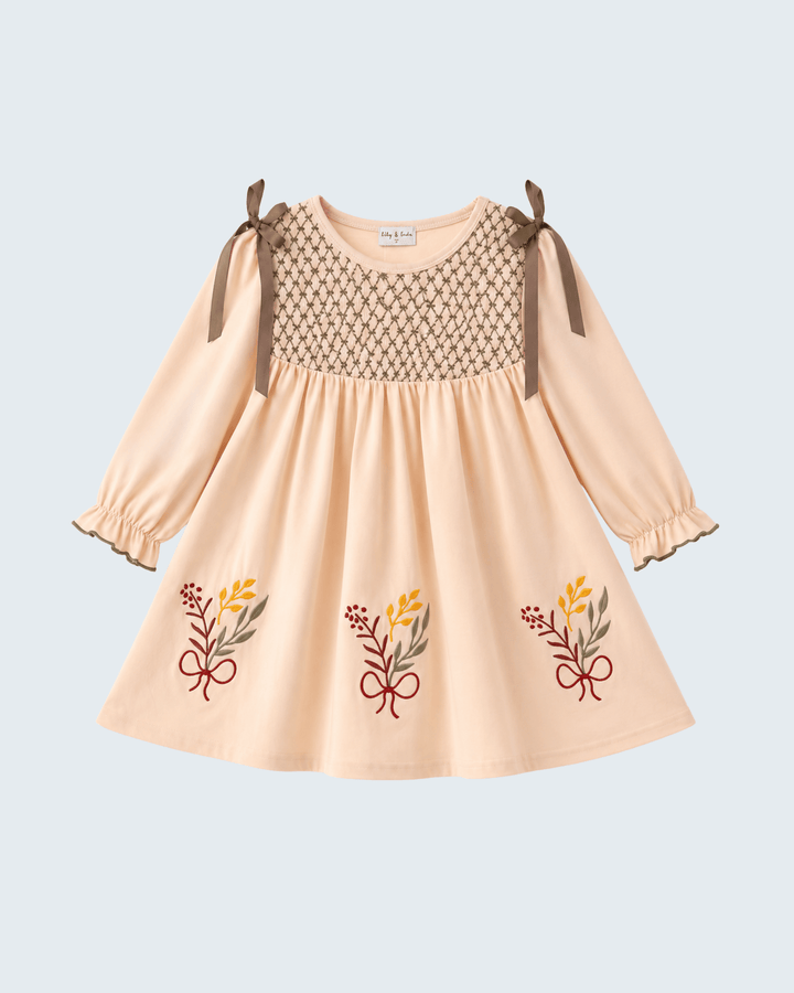 Smocked floral embroidered dress, puff sleeves, ribbon ties, beige with colorful hem flowers