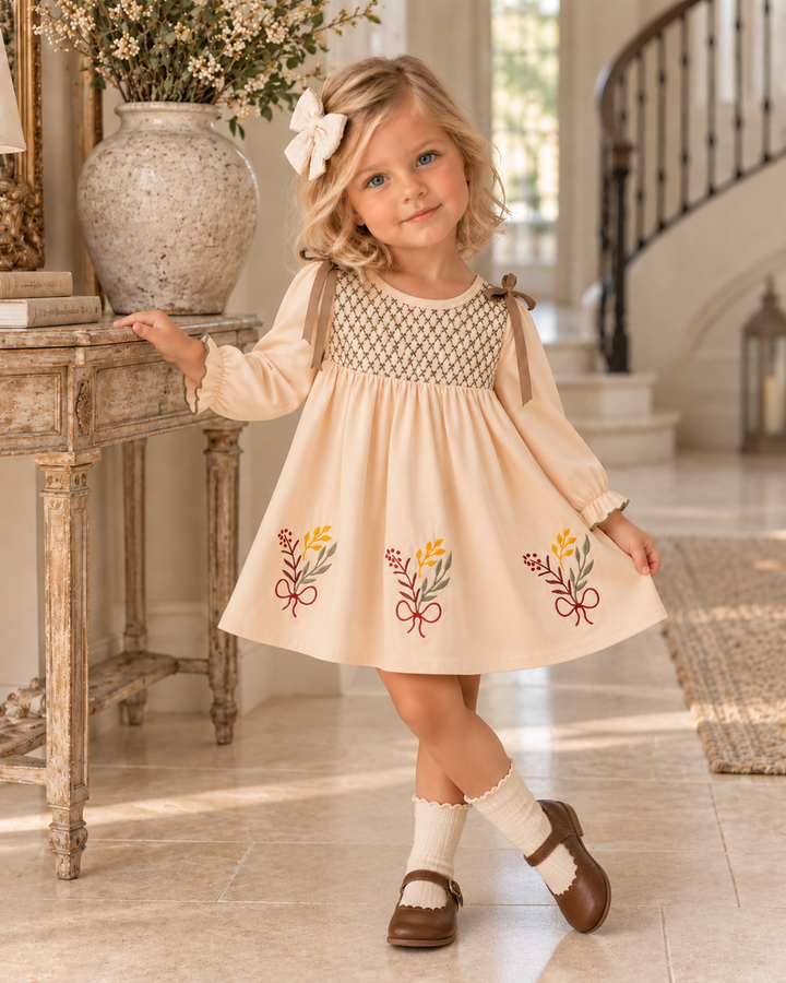Smocked floral embroidered dress with long puff sleeves and ribbon bow shoulders, beige