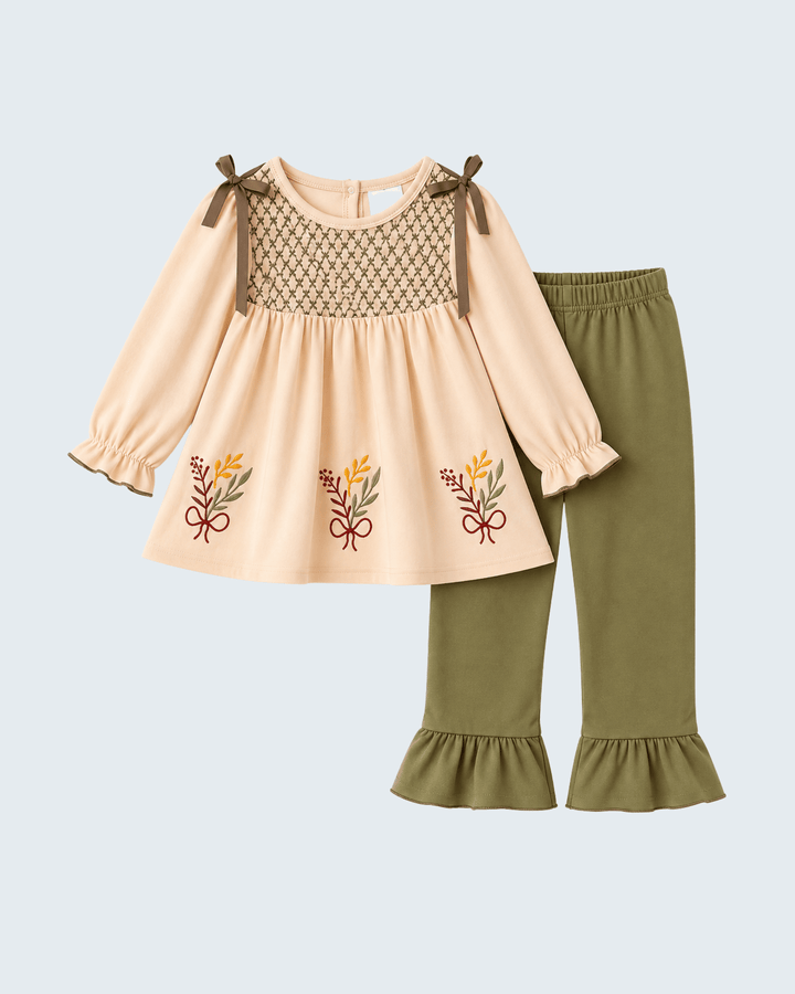 Beige floral smocked ruffle top with long sleeves and olive ruffle leggings