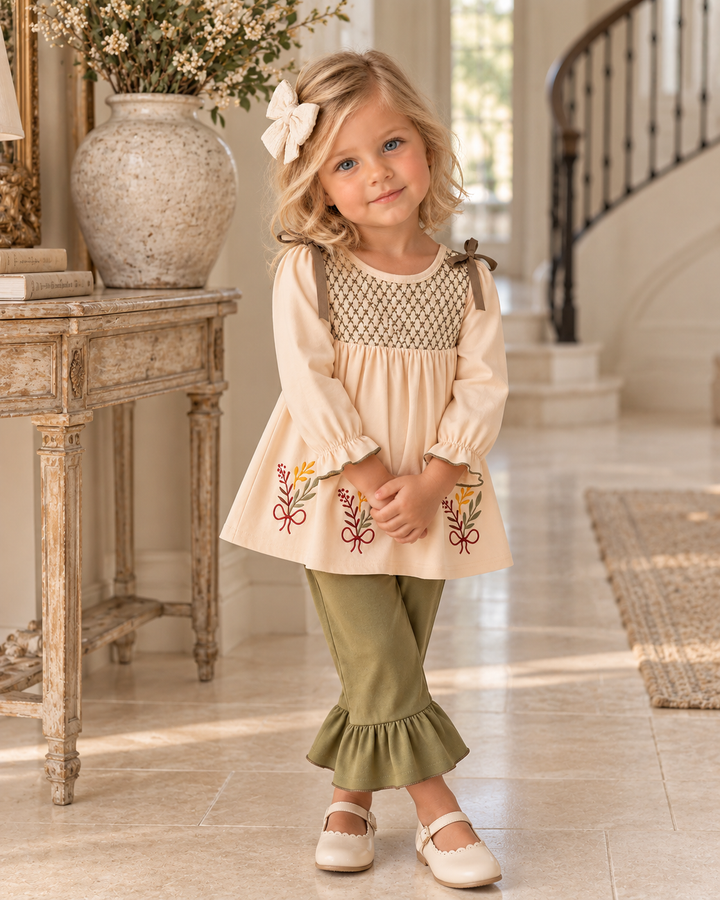 Toddler wearing beige floral smocked ruffle top and olive ruffle pants