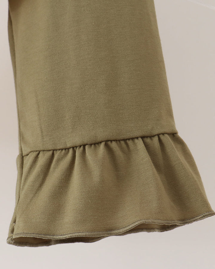Olive khaki pants with elastic waistband and ruffle ankle hem