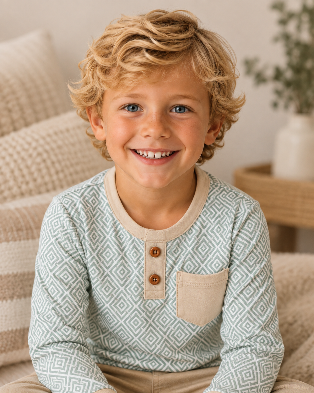 A young boy with curly blonde hair smiling while wearing a light sage green and beige patterned long-sleeve henley shirt with three brown buttons, sitting on a cozy beige couch in a warm, softly lit room.