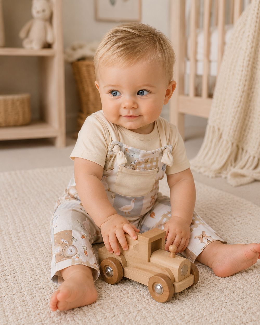 A baby sitting on a textured cream rug in a nursery, wearing a beige and white patterned overalls outfit and holding a small wooden toy truck.