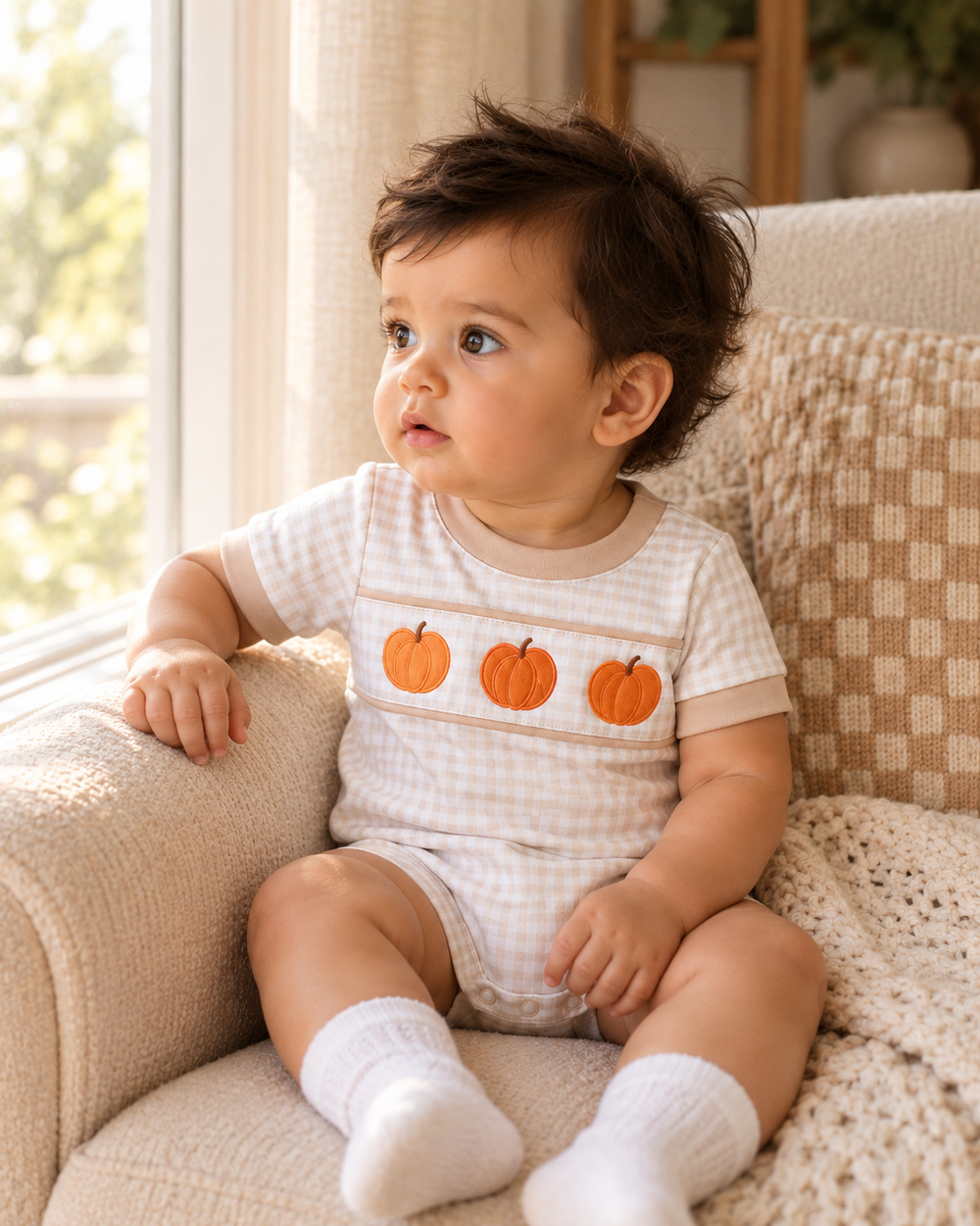 A baby sitting on a beige armchair wearing a short-sleeve gingham bodysuit with three orange pumpkin prints across the chest, paired with white socks.