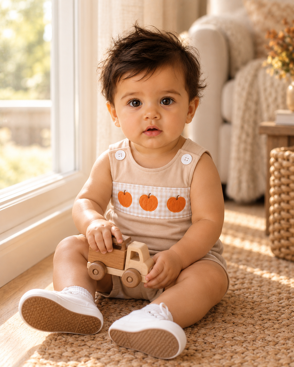 A baby sitting on a woven rug indoors, wearing a sleeveless beige romper with orange pumpkin graphics across the chest and holding a small wooden toy truck.