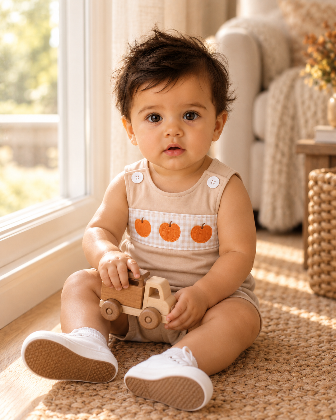 A baby sitting on a woven rug indoors, wearing a sleeveless beige romper with orange pumpkin graphics across the chest and holding a small wooden toy truck.