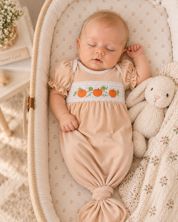A sleeping newborn baby wearing a peach-colored footless sleeper with a pumpkin chest graphic, resting in a cream-colored woven bassinet next to a plush bunny toy.