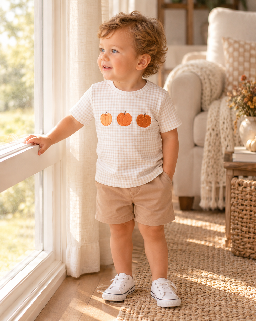 A toddler stands by a window in a bright room, wearing a white gingham t-shirt with three orange pumpkin graphics on the chest, tan shorts, and white sneakers.