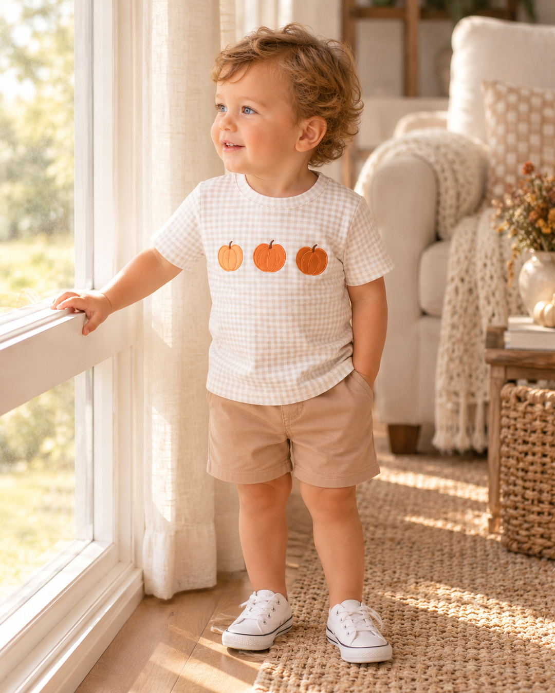 A toddler stands by a window in a bright room, wearing a white gingham t-shirt with three orange pumpkin graphics on the chest, tan shorts, and white sneakers.