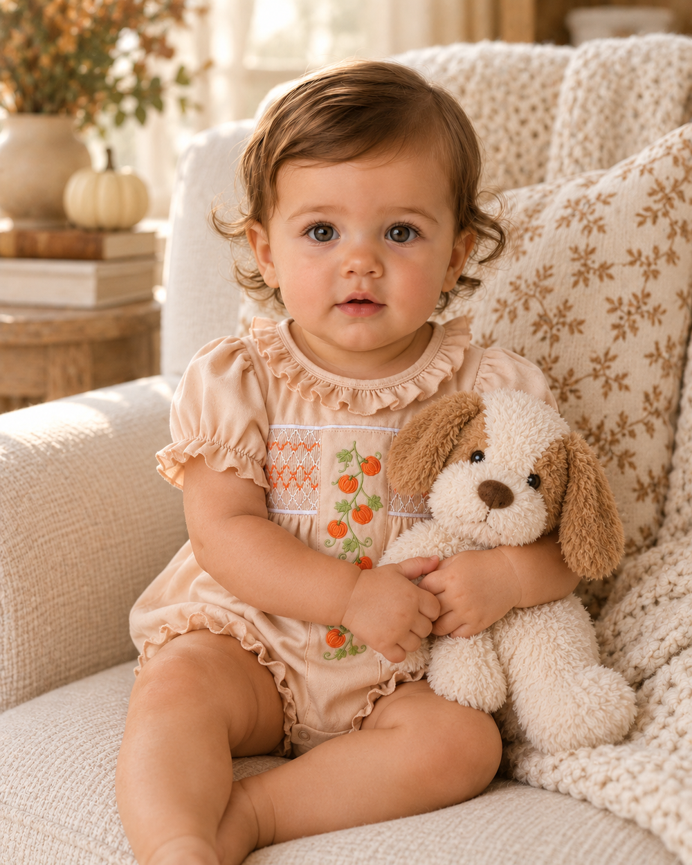 A baby girl sitting on a cozy cream-colored armchair, wearing a peach short-sleeve romper with a floral embroidered chest panel and holding a plush cream and brown dog toy.