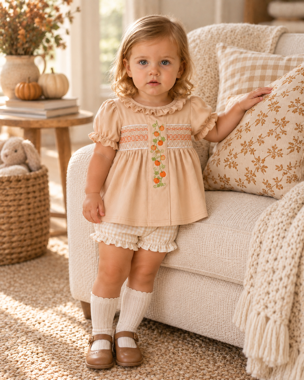 A toddler stands in a cozy living room wearing a light peach short-sleeve dress with ruffled trim, embroidered floral details, and matching gingham shorts. The child is posed beside a cream couch with patterned pillows and a knitted throw blanket.