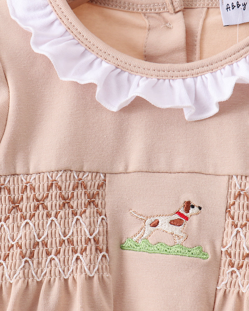 Tan toddler smocked bloomer set with puppy applique and ruffled neckline