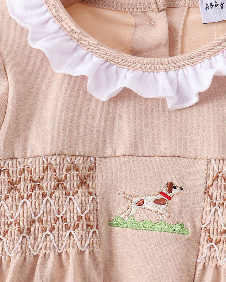 Tan toddler smocked bloomer set with puppy applique and ruffled neckline