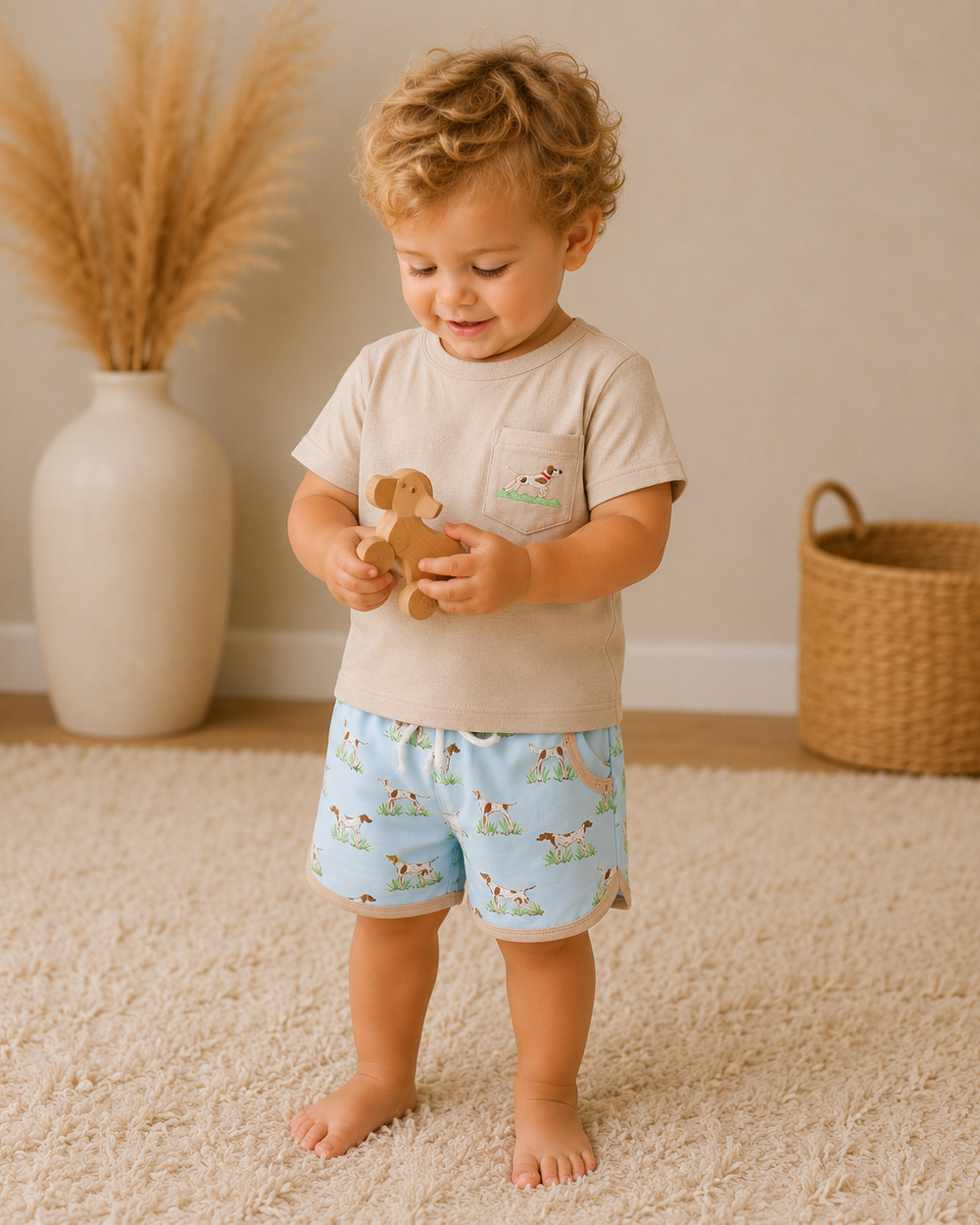 Child wearing a beige shirt and blue shorts with animal patterns, holding a teddy bear indoors.