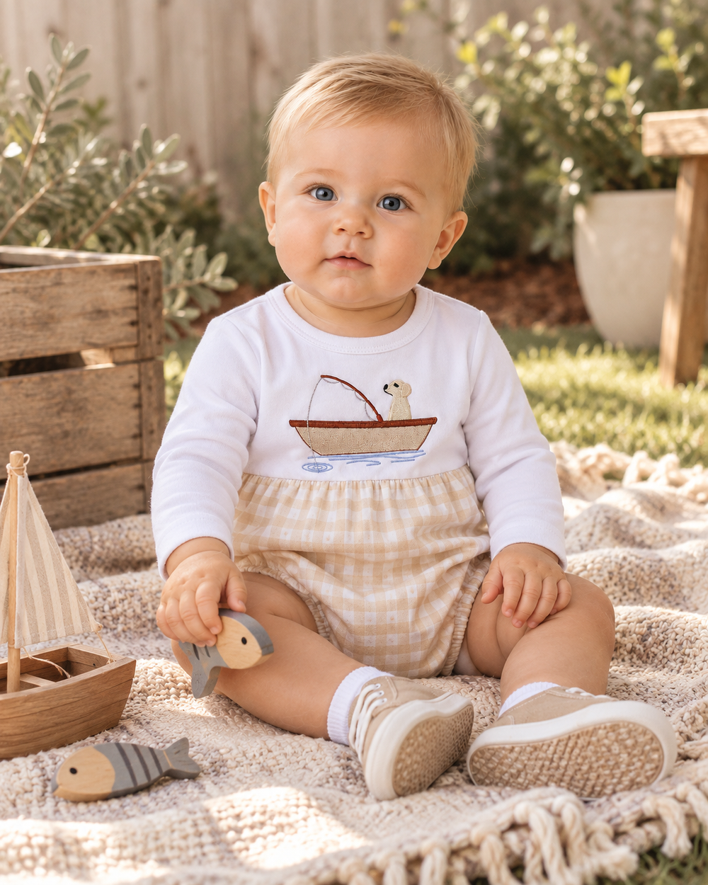 A baby sitting outdoors on a knitted blanket, wearing a white long-sleeve shirt with a fishing boat graphic and beige gingham shorts.