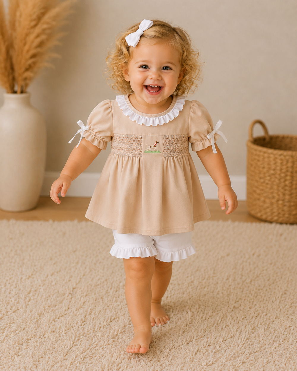 Child wearing a beige dress with white ruffled collar and hem, standing on a carpeted floor.