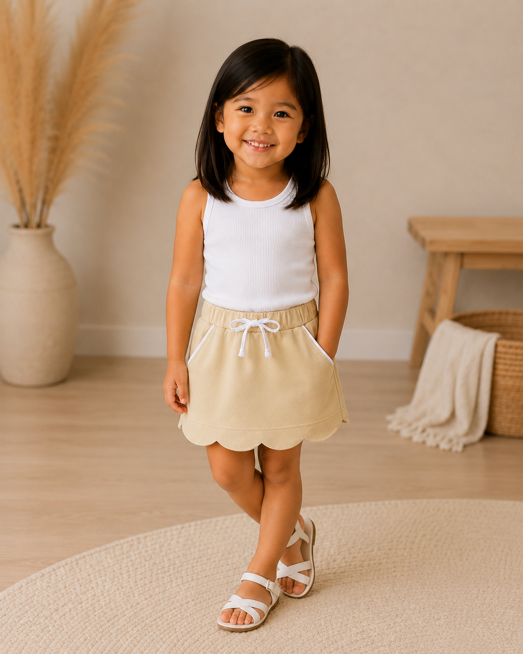 A young girl stands in a softly styled indoor room wearing a sleeveless white top and a beige skirt with a scalloped hem and white drawstring. The room has light wood flooring, a woven rug, a vase with dried grass, and a small wooden bench with a folded blanket.